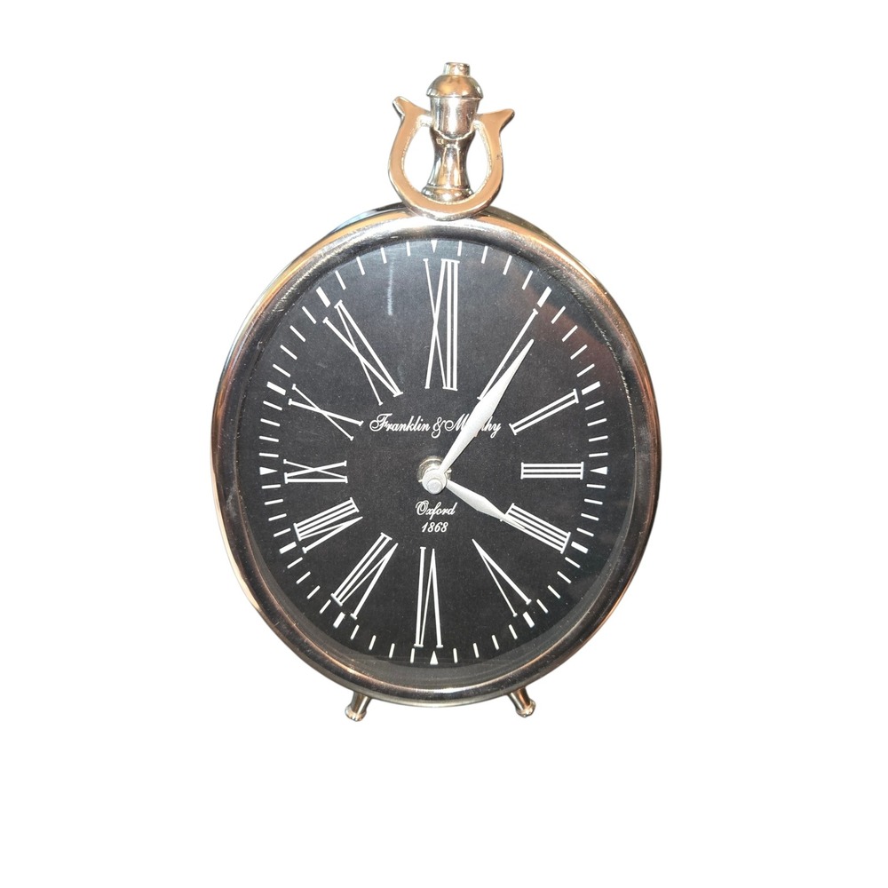 Franklin & Murphy Table Top Clock By Two's Company Silver Black Roman Numeral